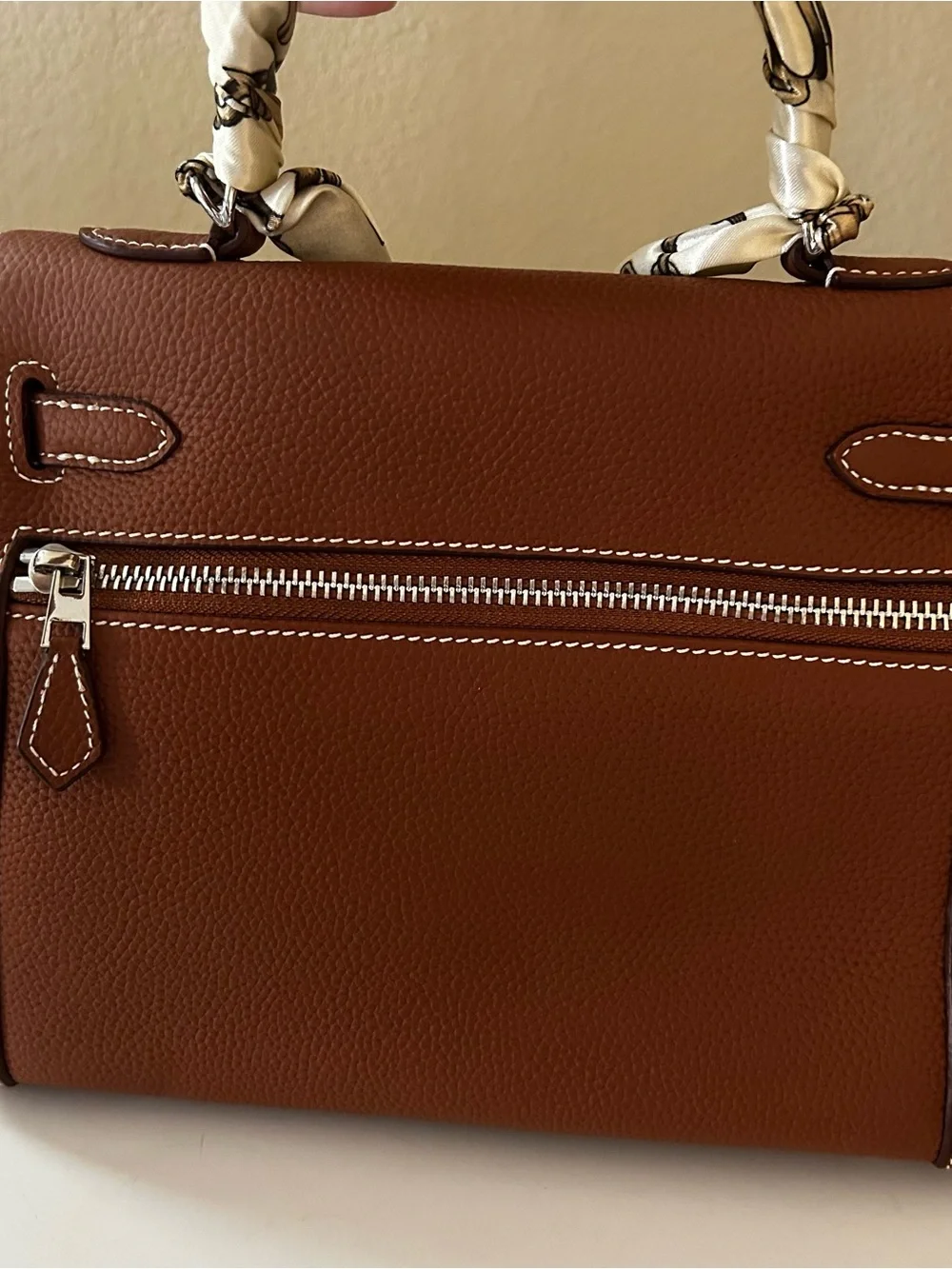 25cm Double Front Pocket Brown Leather Satchel with Scarf-Wrapped Handle